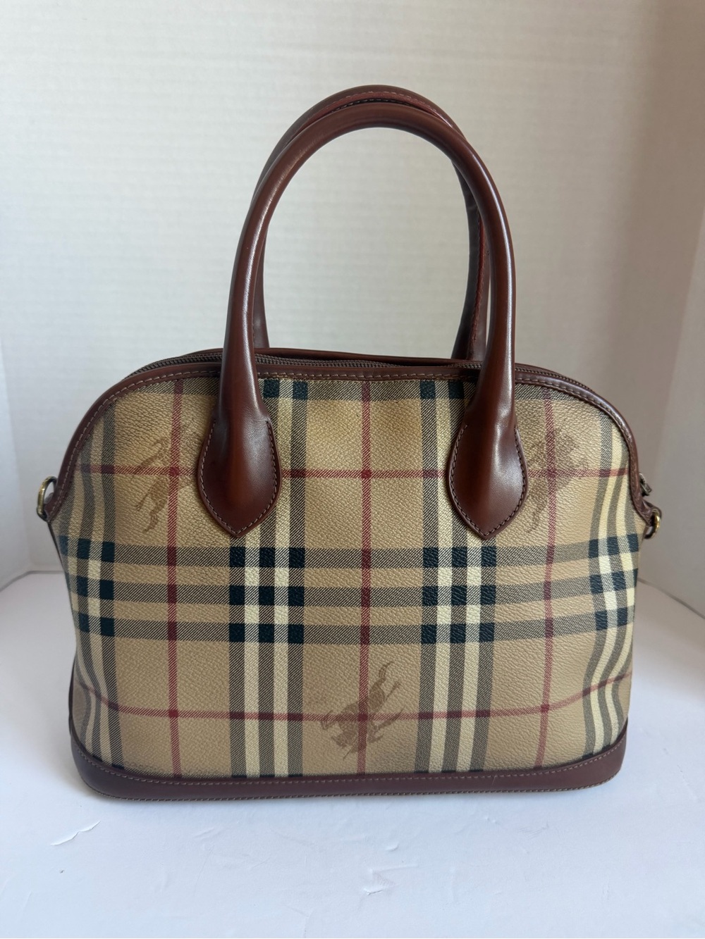 Burberry Tan Check Dome Satchel with Brown Leather Trim